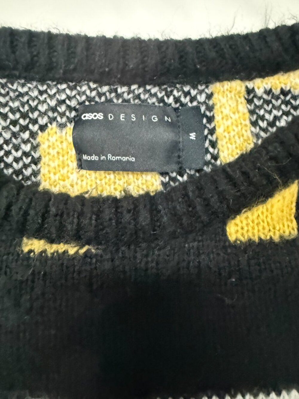 ASOS DESIGN Black Graphic Knit Sweater Black White Yellow Sz M - Picture 4 of 5